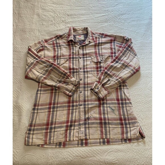 Levi's Men's L2 Long Sleeve Button Down Shirt XL Tan Red Plaid Vintage Y2K Flaws - Picture 1 of 15